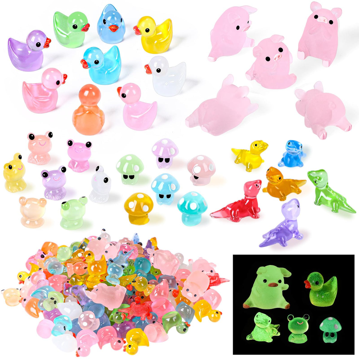 Outus 154-Pcs Luminous Mini Resin Animals Glow in the Dark Ducks & More for Mini Garden, Crafts, and Home Decor (Classic)