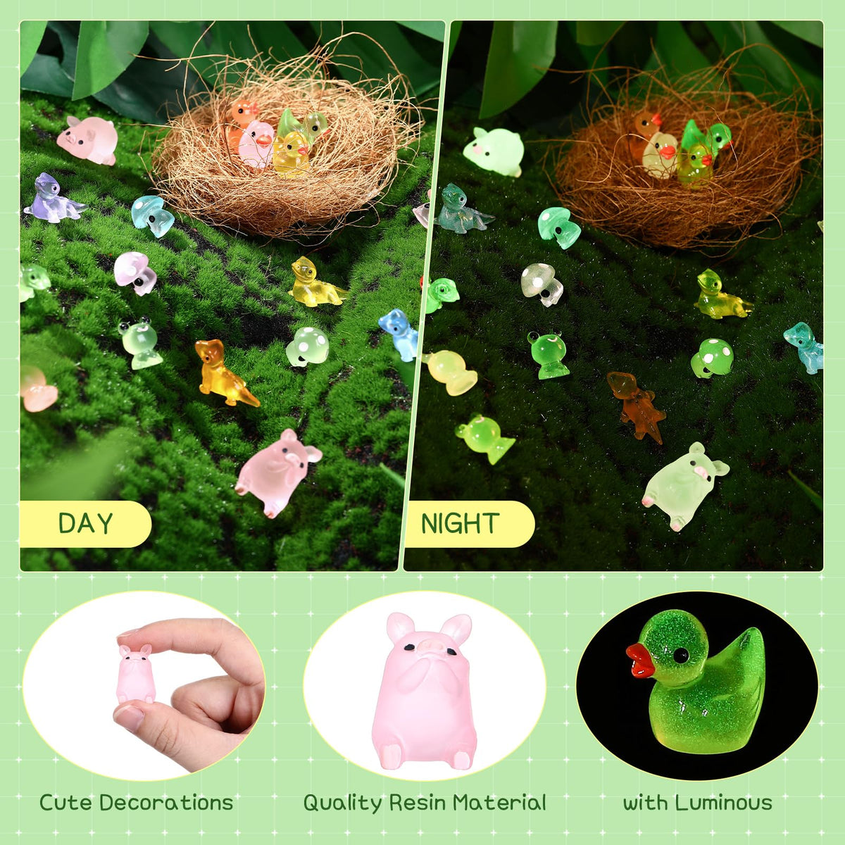 Outus 154-Pcs Luminous Mini Resin Animals Glow in the Dark Ducks & More for Mini Garden, Crafts, and Home Decor (Classic)