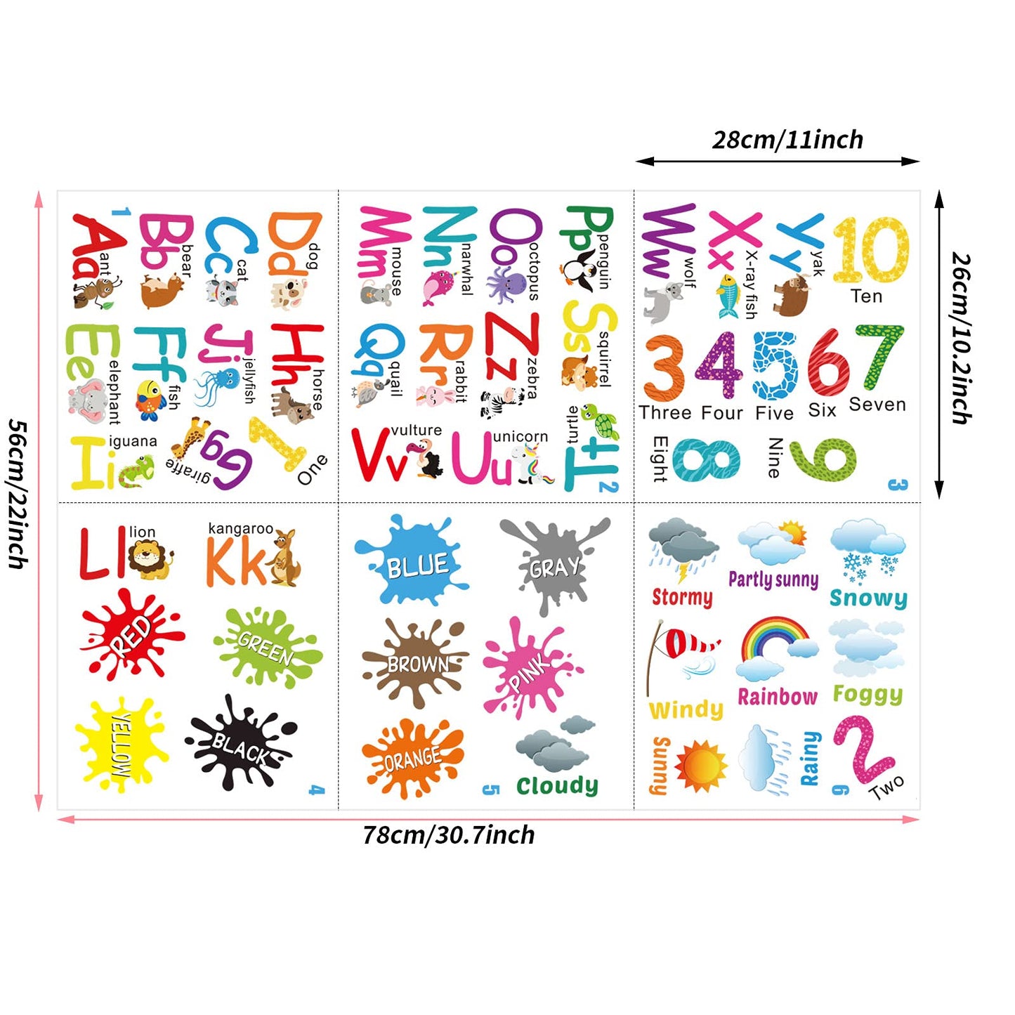 Outus 6 Sheets Alphabet Wall Decals – Classroom Letters, Numbers, Colors & Weather