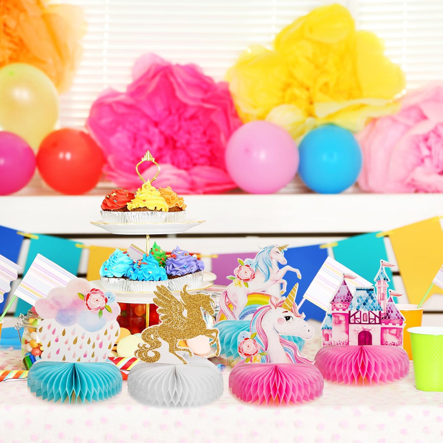 Outus 9-Piece Unicorn Rainbow Honeycomb Centerpieces for Table Decor