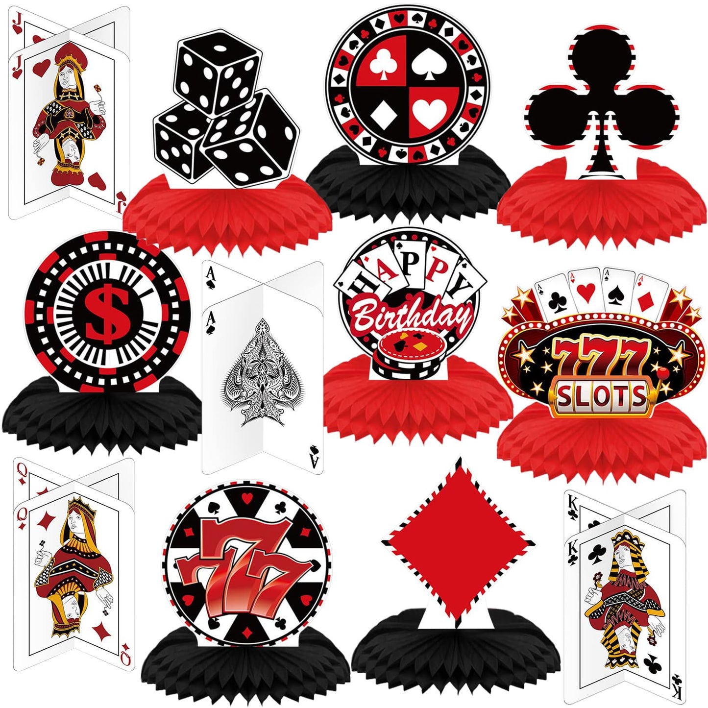 Outus 12-Piece Casino Theme Decorations: Honeycomb Centerpieces & Card Decor for Game Night