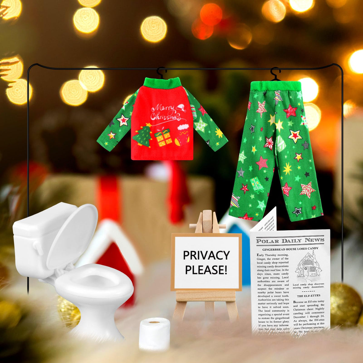Outus 6-Piece Christmas Doll Accessories Set | Pajamas, Newspaper, Display Stand & Toilet Paper