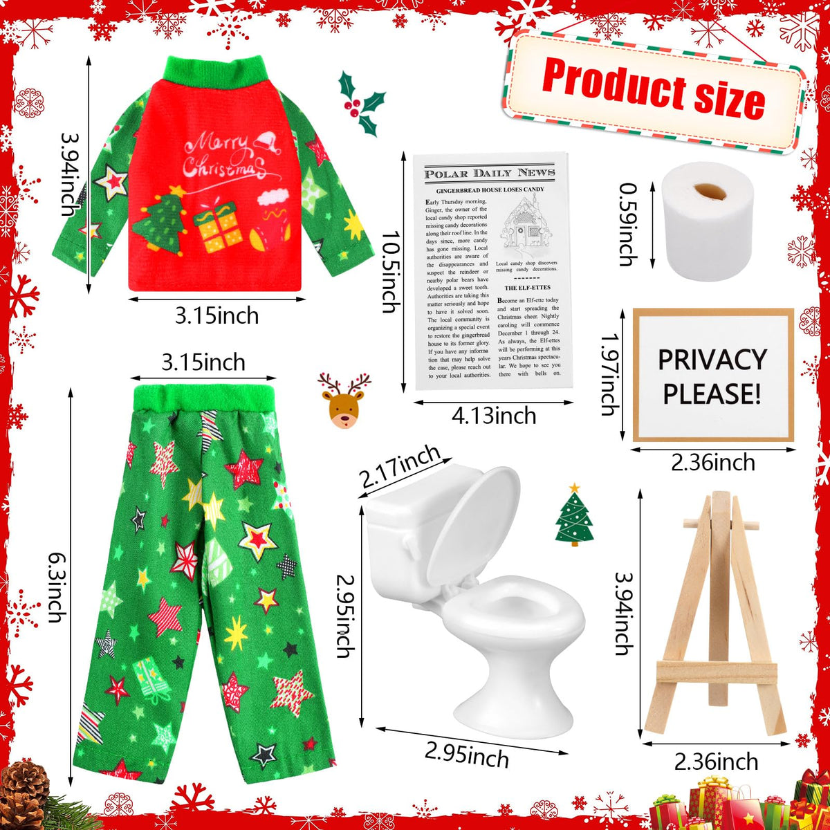 Outus 6-Piece Christmas Doll Accessories Set | Pajamas, Newspaper, Display Stand & Toilet Paper