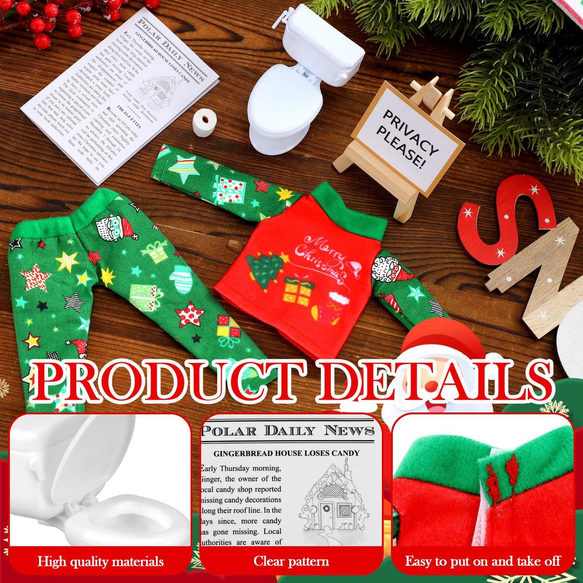 Outus 6-Piece Christmas Doll Accessories Set | Pajamas, Newspaper, Display Stand & Toilet Paper