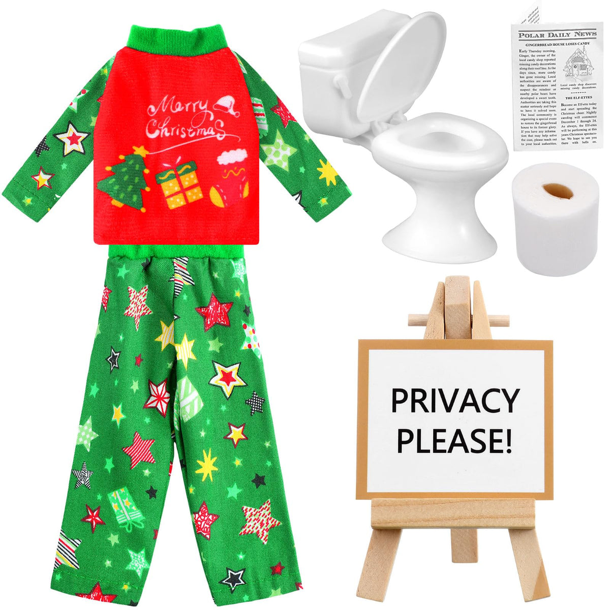 Outus 6-Piece Christmas Doll Accessories Set | Pajamas, Newspaper, Display Stand & Toilet Paper
