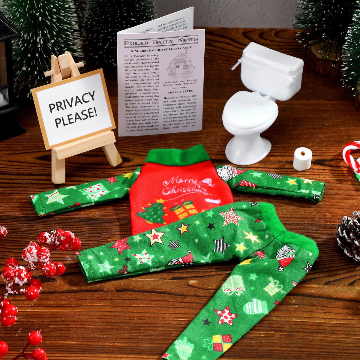 Outus 6-Piece Christmas Doll Accessories Set | Pajamas, Newspaper, Display Stand & Toilet Paper