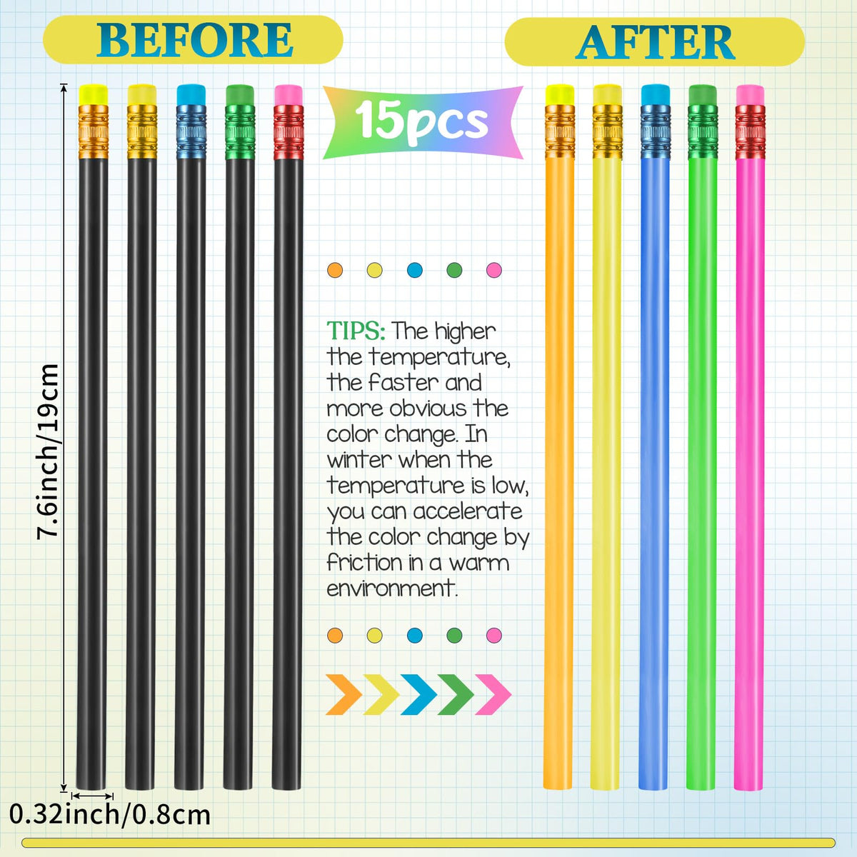 Outus 15-Piece Color-Changing Mood Pencil Bulk with Eraser – Heat Activated Thermochromic Pencils