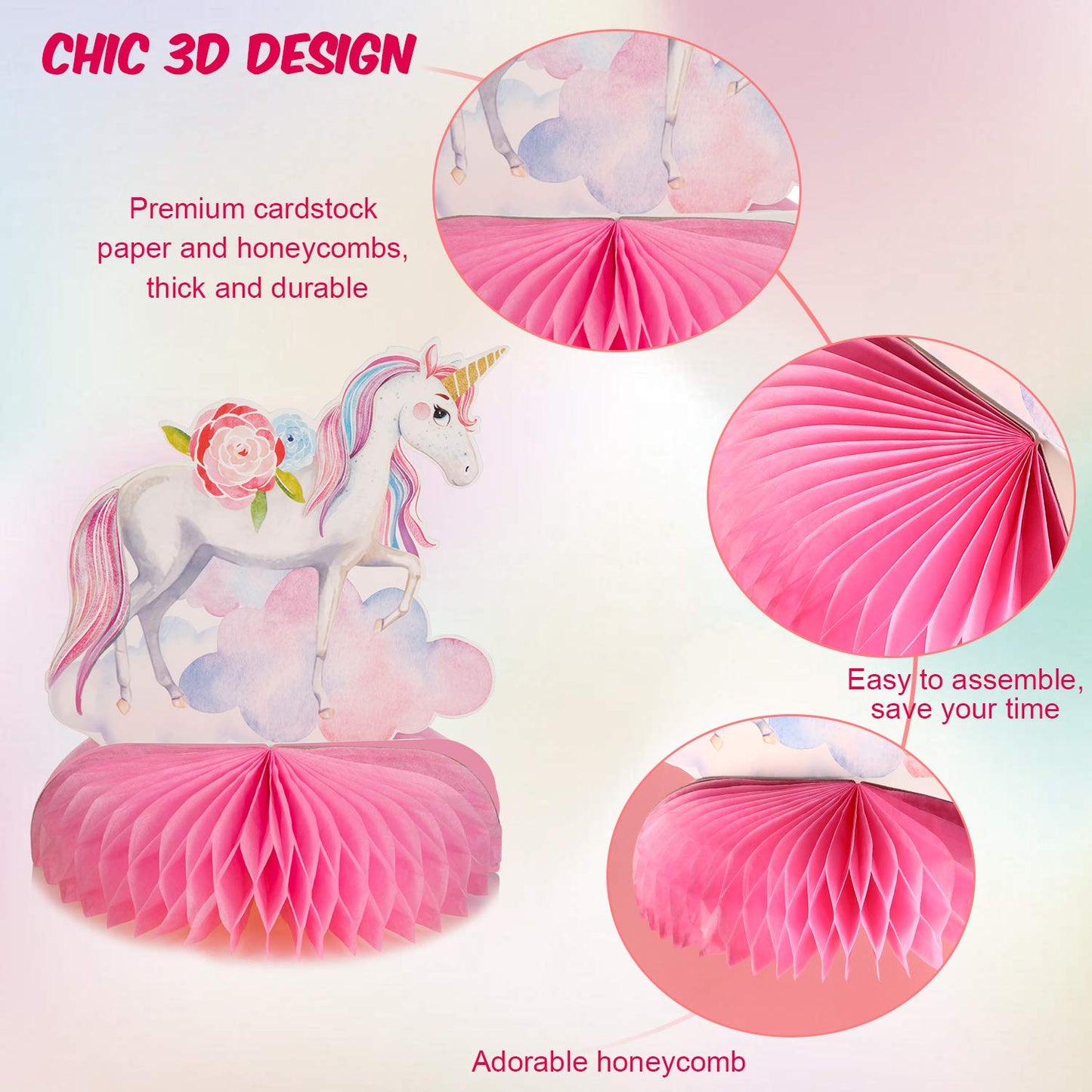 Outus 9-Piece Unicorn Rainbow Honeycomb Centerpieces for Table Decor