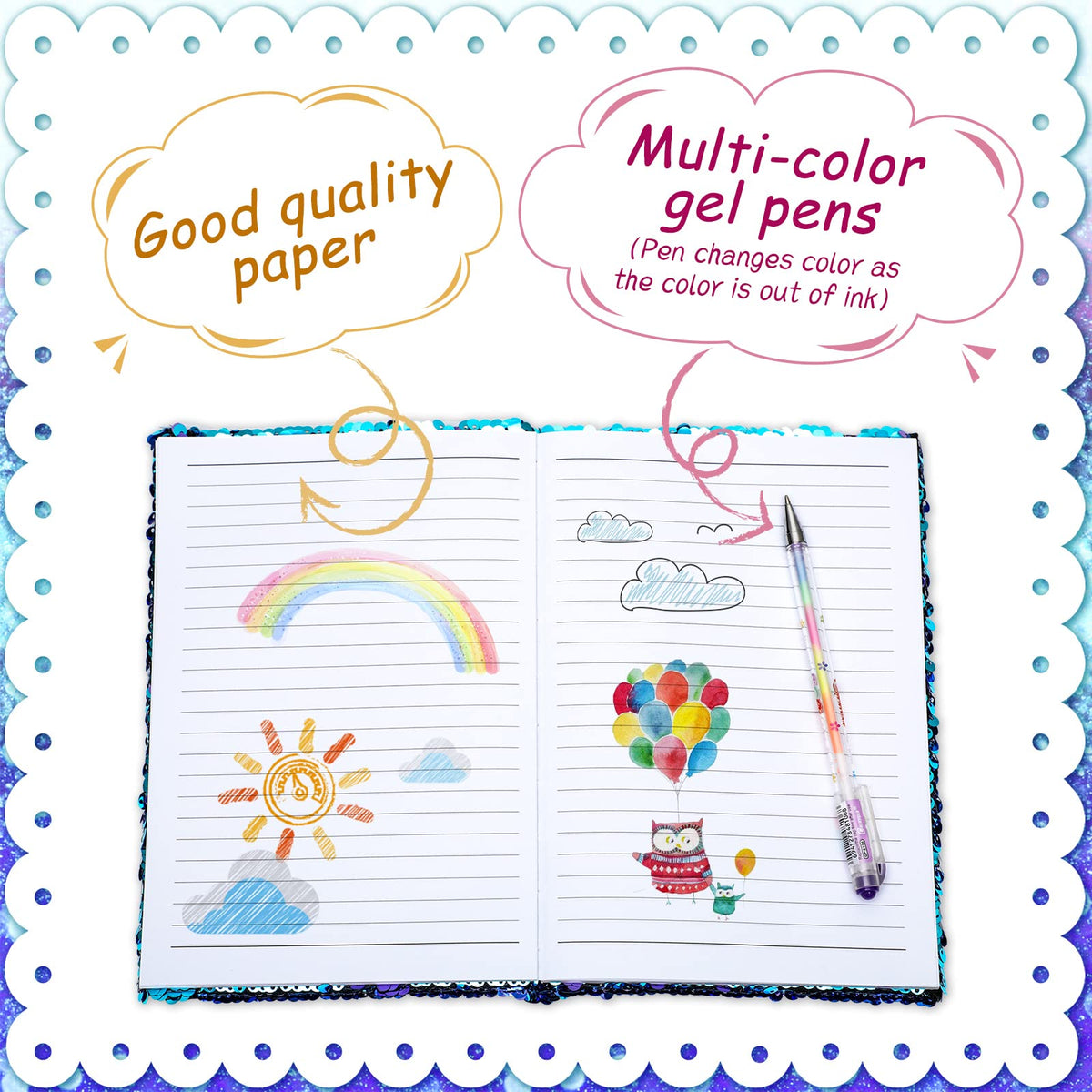 Outus Sequin Girls Journal Gift Set – 4-Piece Glitter Notebook + Gel Pens (Blue Purple, Heart)