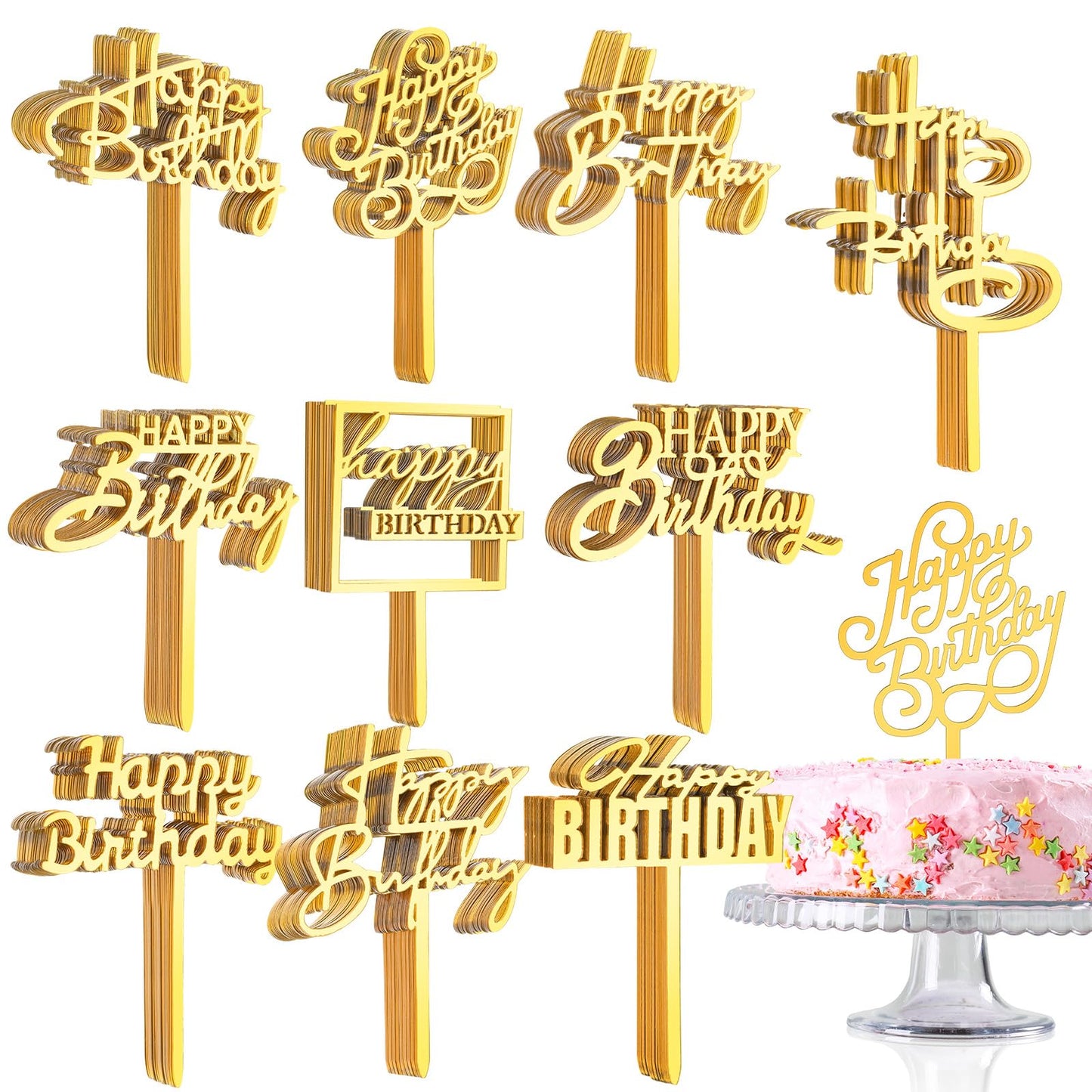 Outus 150 Pcs Gold Happy Birthday Cake Toppers - Double-Sided Acrylic Decorations for Cakes & Cupcakes