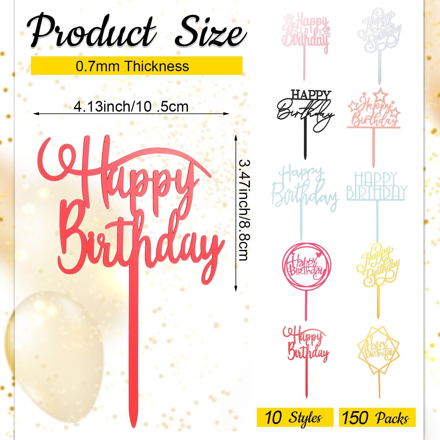 Outus 150 Pcs Happy Birthday Cake Toppers – Acrylic, Double-Sided, Multicolor