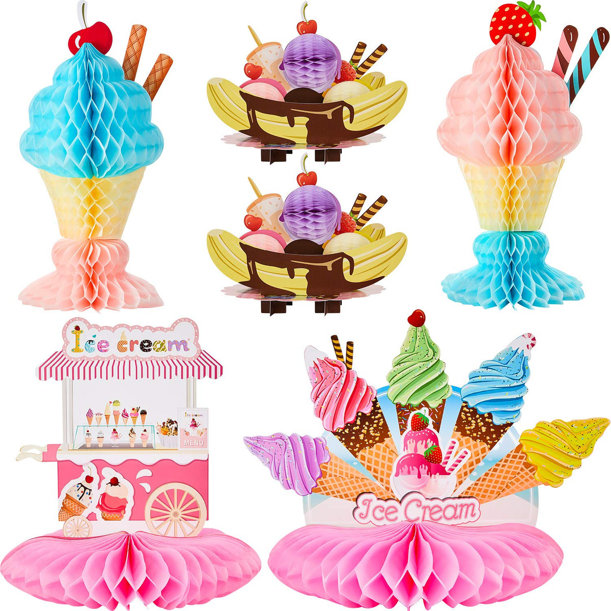Outus 6-Piece Ice Cream Tissue Honeycomb Centerpieces for Party Decorations | Birthday & Baby Shower