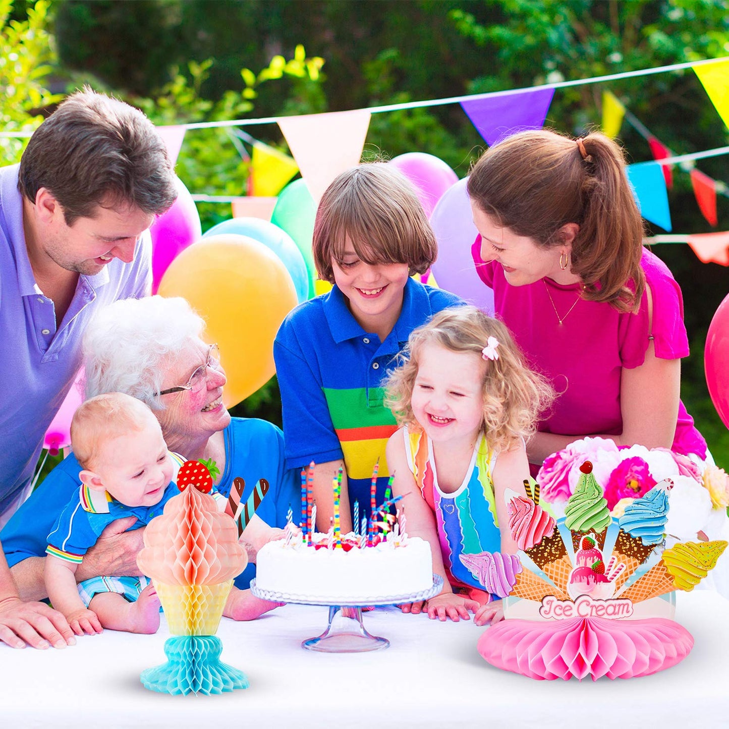 Outus 6-Piece Ice Cream Tissue Honeycomb Centerpieces for Party Decorations | Birthday & Baby Shower