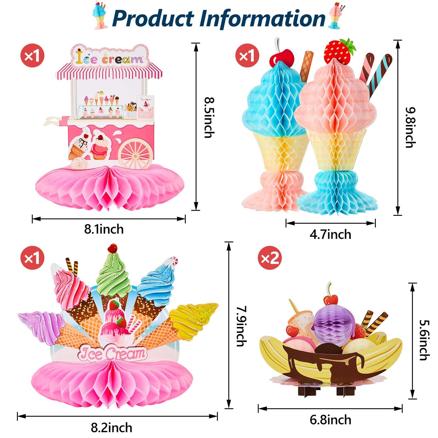 Outus 6-Piece Ice Cream Tissue Honeycomb Centerpieces for Party Decorations | Birthday & Baby Shower