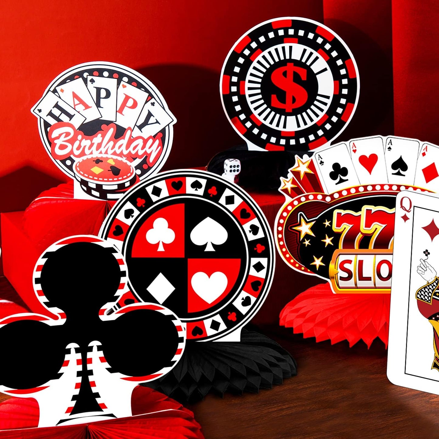 Outus 12-Piece Casino Theme Decorations: Honeycomb Centerpieces & Card Decor for Game Night