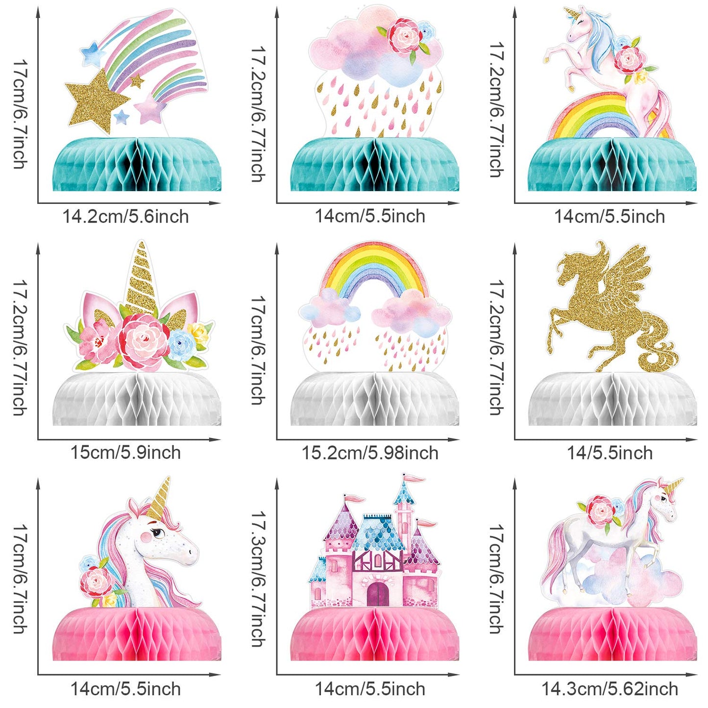 Outus 9-Piece Unicorn Rainbow Honeycomb Centerpieces for Table Decor