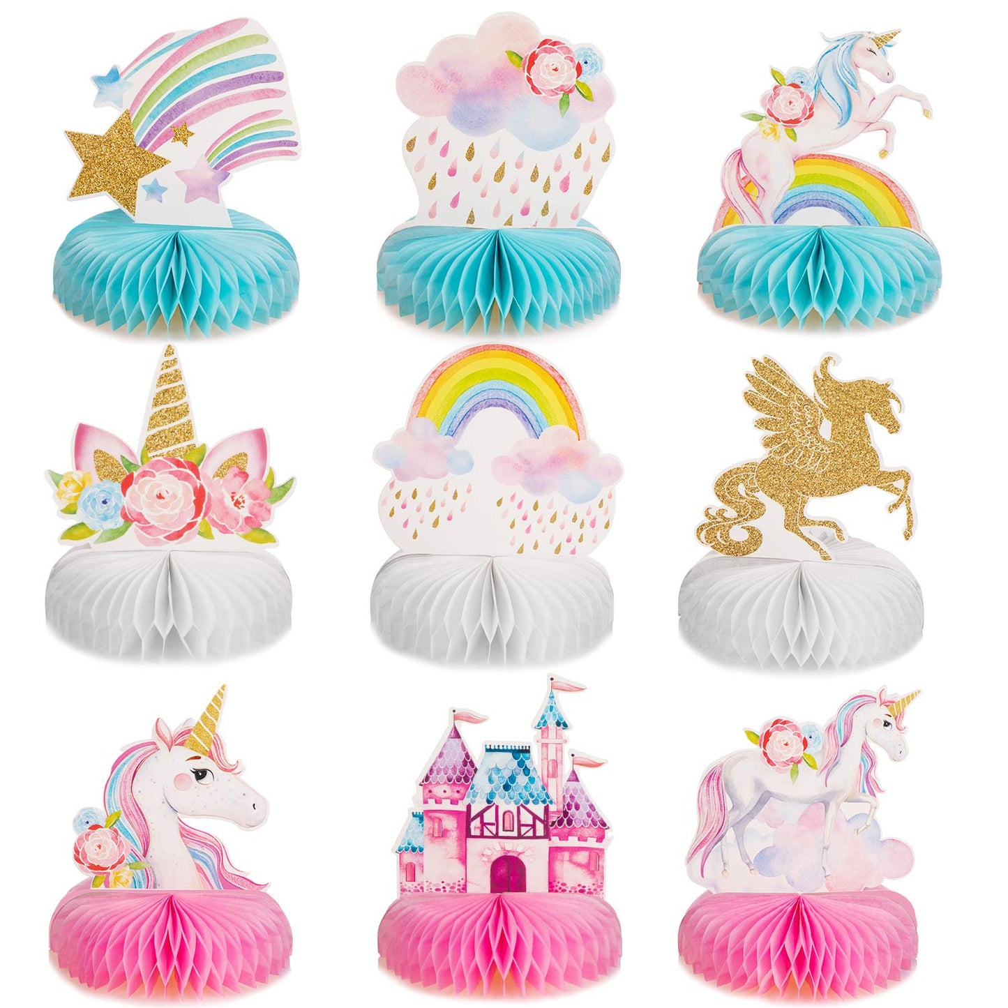 Outus 9-Piece Unicorn Rainbow Honeycomb Centerpieces for Table Decor