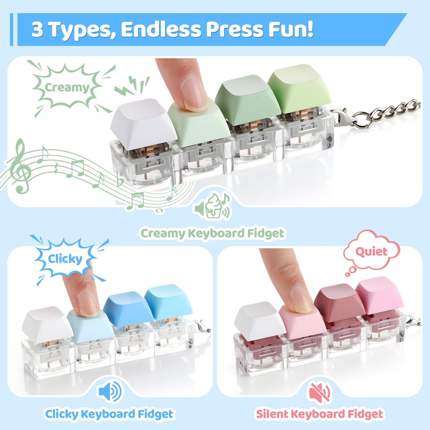 OUTXE 3 Pack Keyboard Fidget Toy – Creamy, Clicky & Silent Stress Relief Keychains for Focus