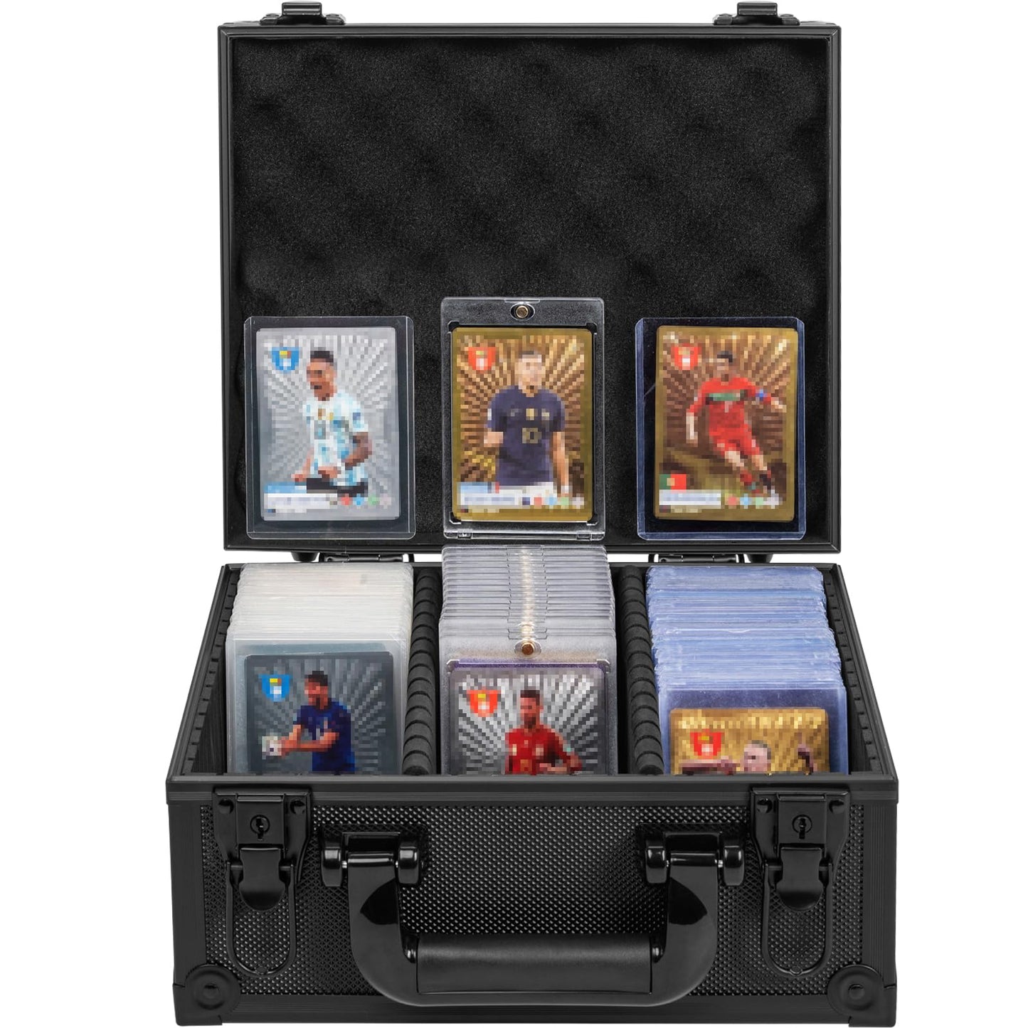 OUUTMEE Toploader Storage Box: 3x4 Cards, 5 Partitions, 350+ Capacity, Magnetic Holders