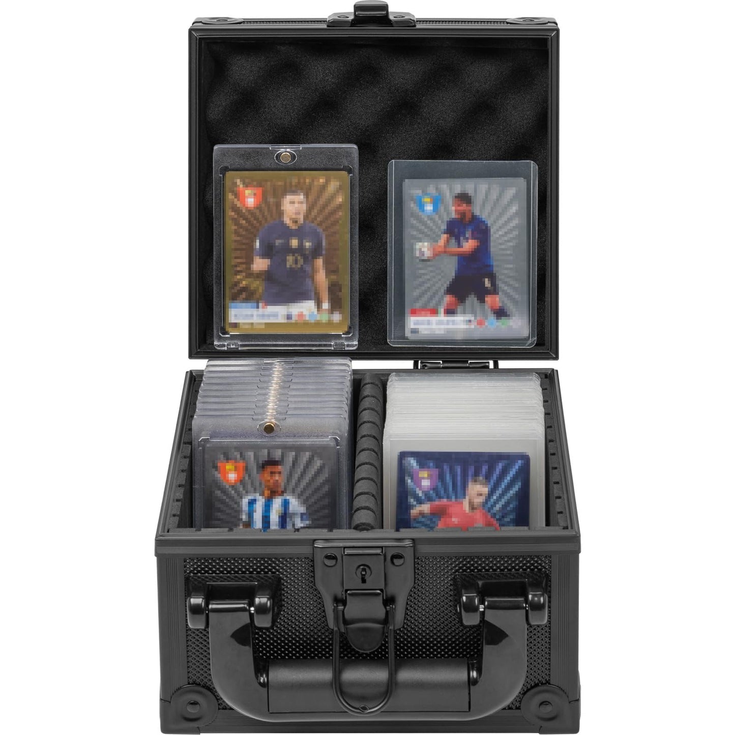 OUUTMEE Toploader Storage Box – 3x4 35pt Cards, 4 Compartments, 150+ Toploaders, Magnetic Card Holders