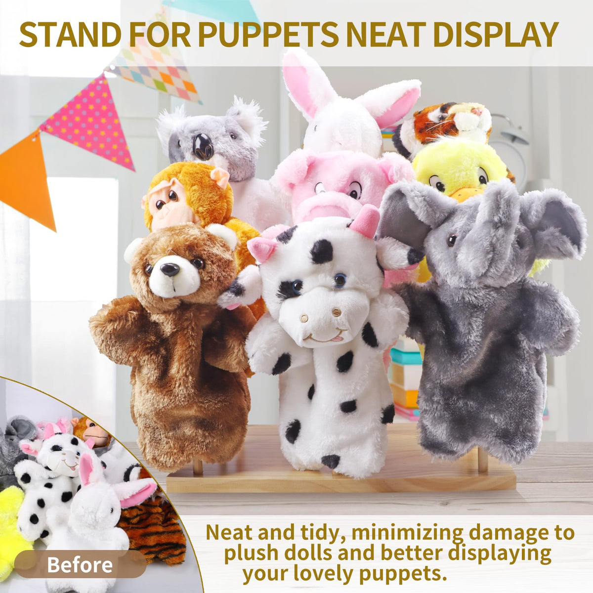 Ouvibor Wooden Puppet Stand – Holds 9 Hand Puppets for Display & Safe Storage