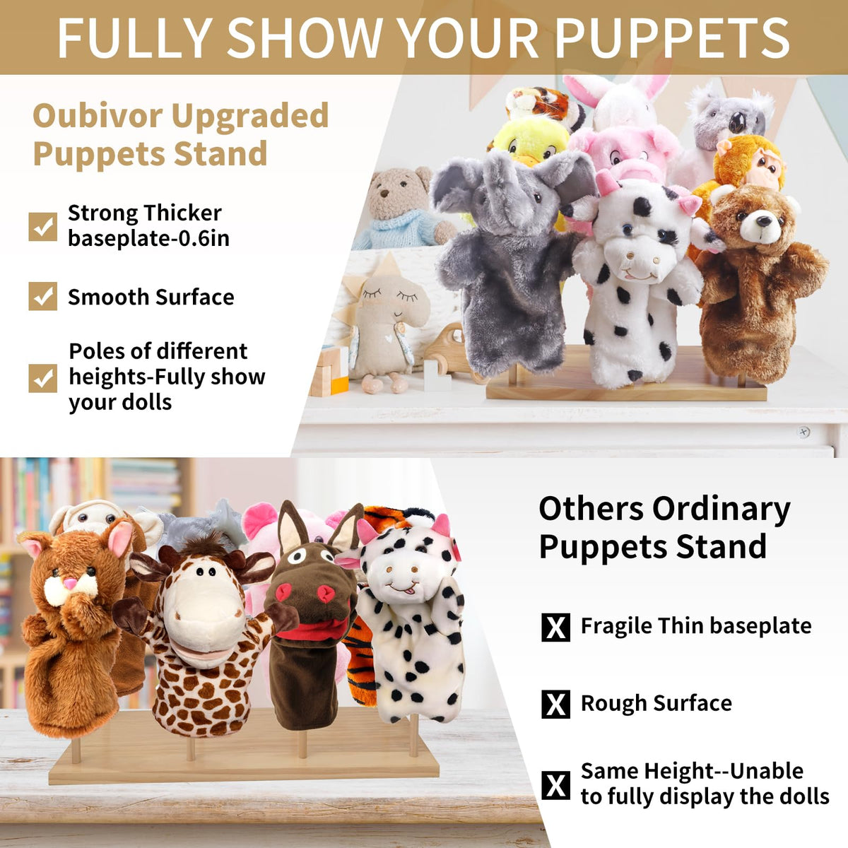 Ouvibor Wooden Puppet Stand – Holds 9 Hand Puppets for Display & Safe Storage