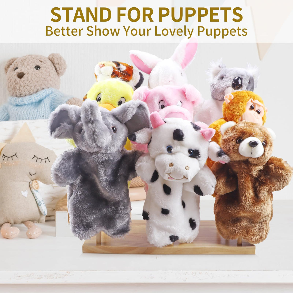 Ouvibor Wooden Puppet Stand – Holds 9 Hand Puppets for Display & Safe Storage