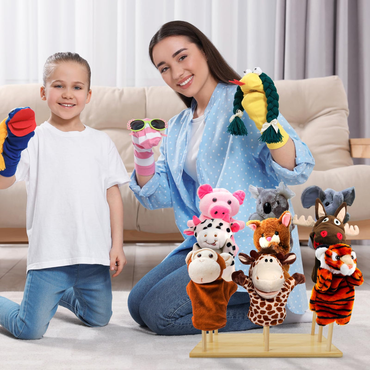 Ouvibor Wooden Puppet Stand – Holds 9 Hand Puppets for Display & Safe Storage