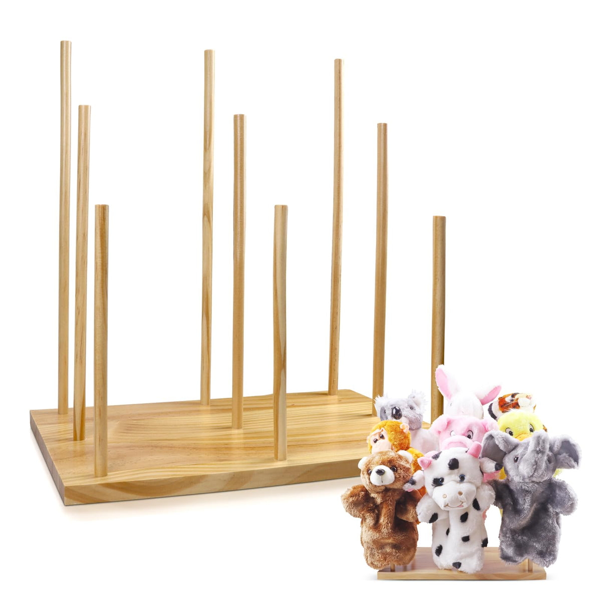 Ouvibor Wooden Puppet Stand – Holds 9 Hand Puppets for Display & Safe Storage