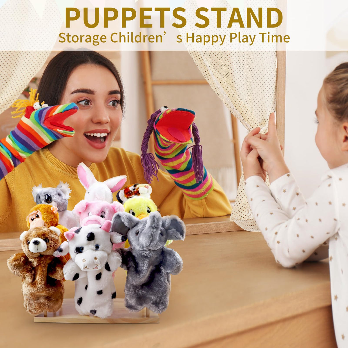 Ouvibor Wooden Puppet Stand – Holds 9 Hand Puppets for Display & Safe Storage