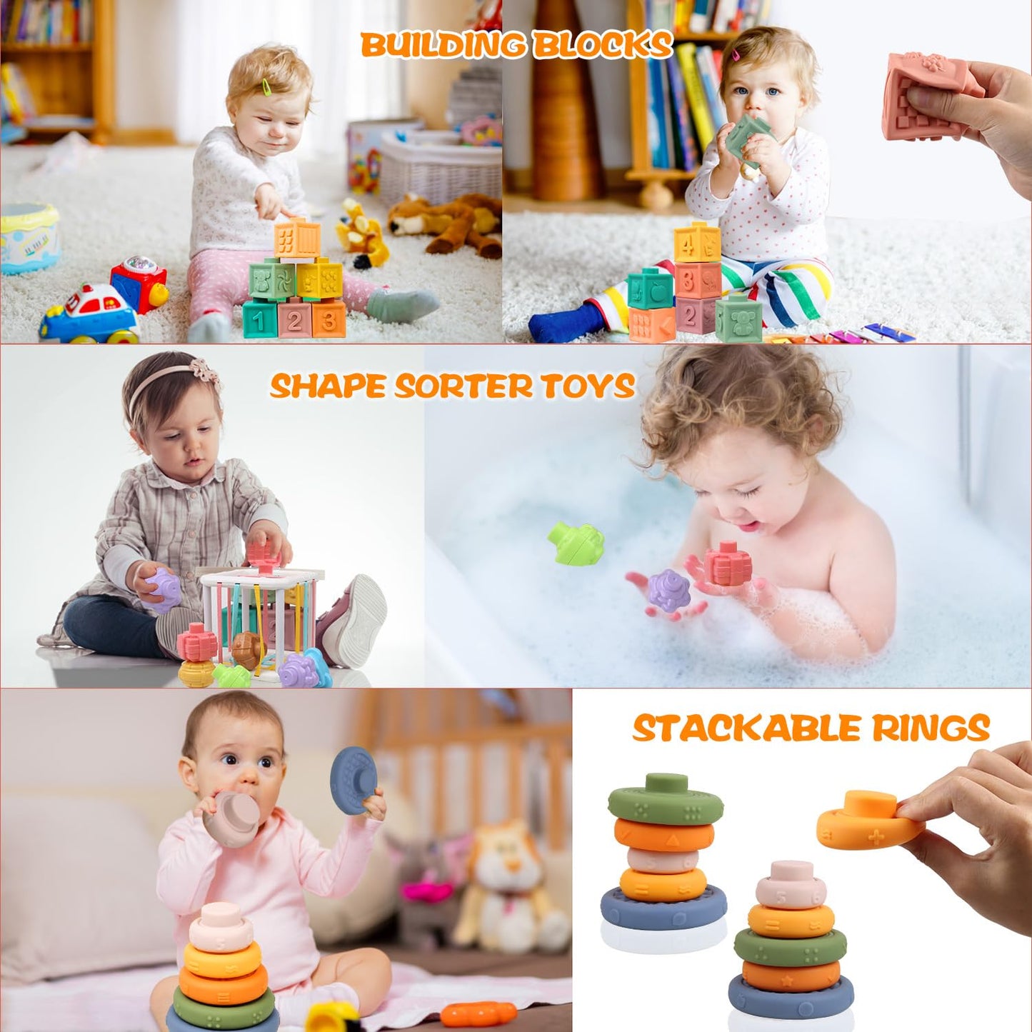 OUWANCH Montessori Toys for Babies 6-12 Months | 4-in-1 Soft Teething & Stacking Toys