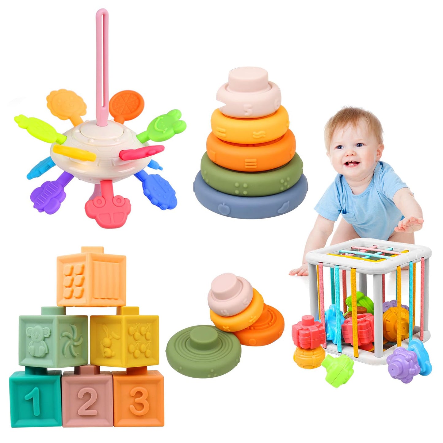 OUWANCH Montessori Toys for Babies 6-12 Months | 4-in-1 Soft Teething & Stacking Toys