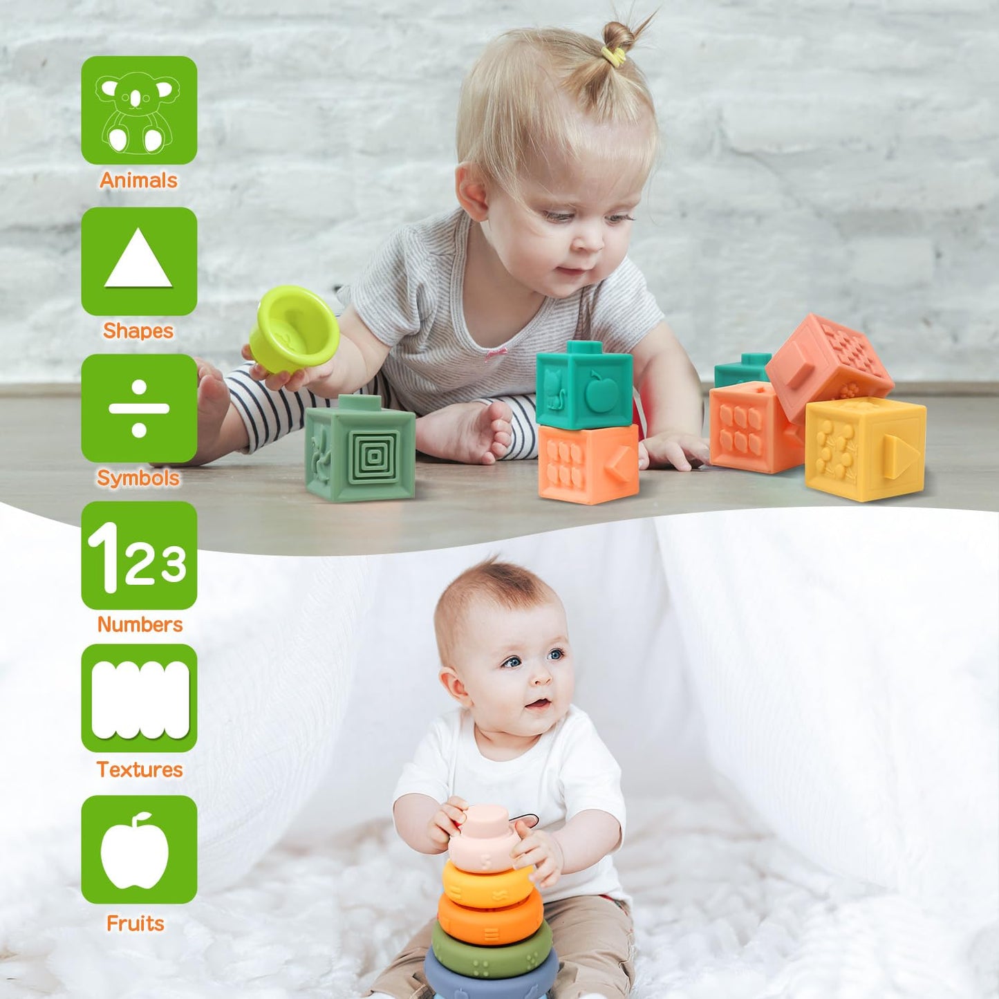OUWANCH Montessori Toys for Babies 6-12 Months | 4-in-1 Soft Teething & Stacking Toys