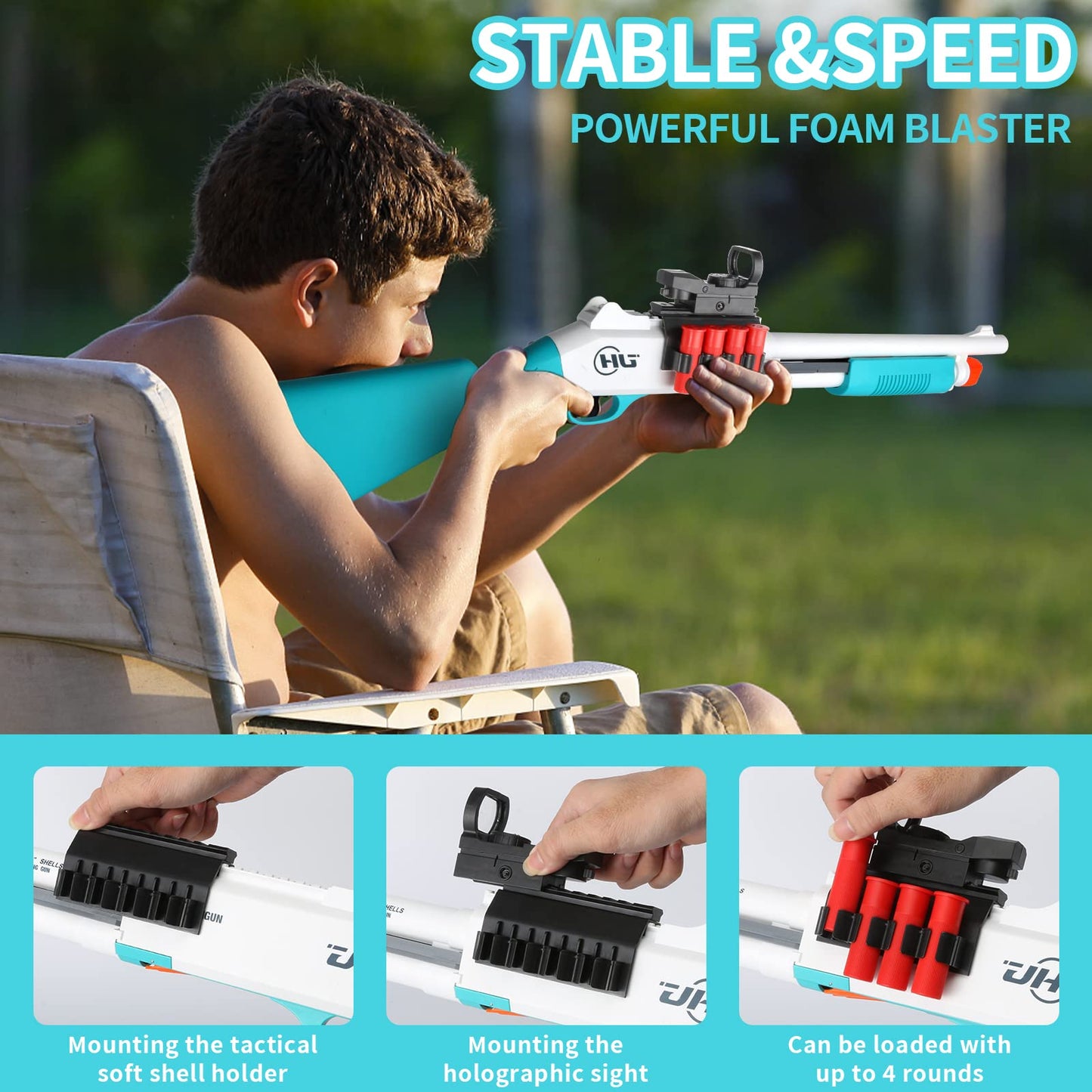 Ouzhimanxing Foam Blaster Toy Gun 33-Inch Jumping Shell with 40 Soft Darts – Indoor/Outdoor (Blue-Green)