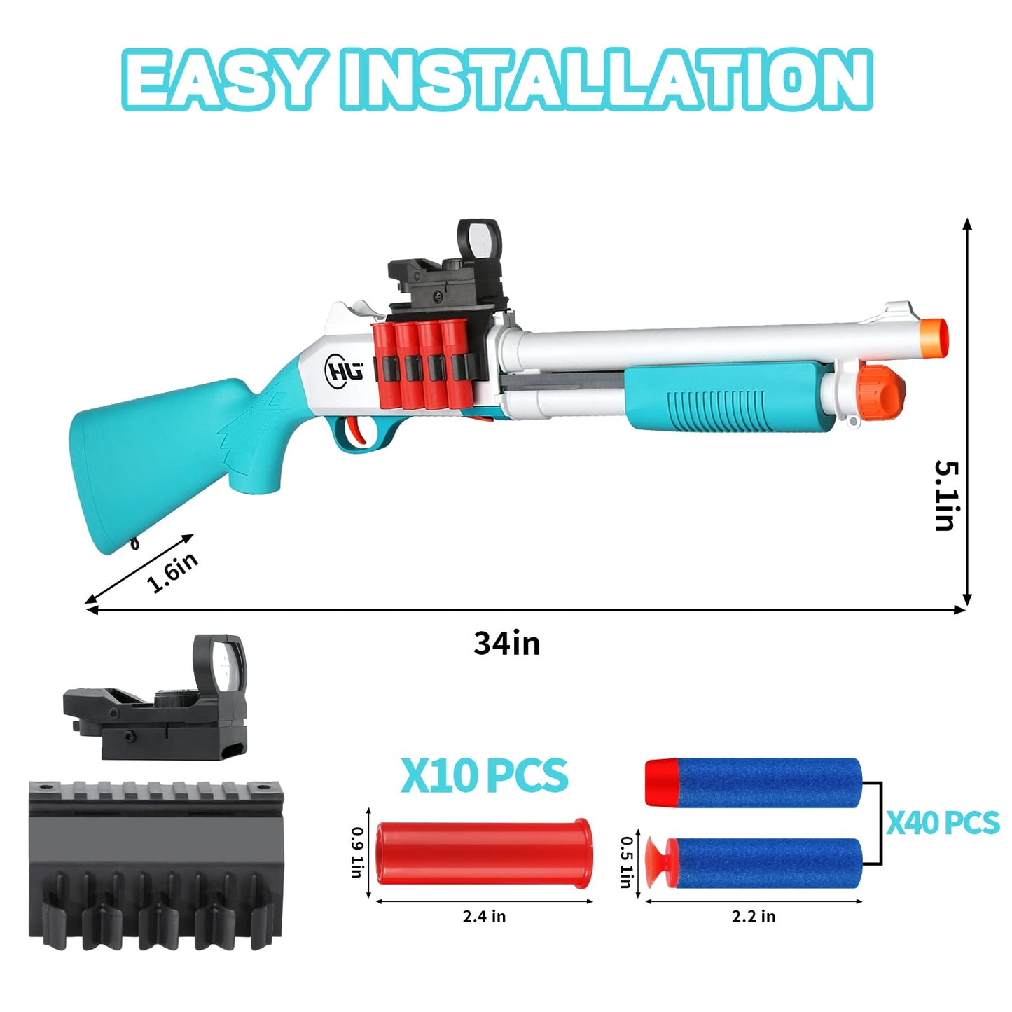 Ouzhimanxing Foam Blaster Toy Gun 33-Inch Jumping Shell with 40 Soft Darts – Indoor/Outdoor (Blue-Green)