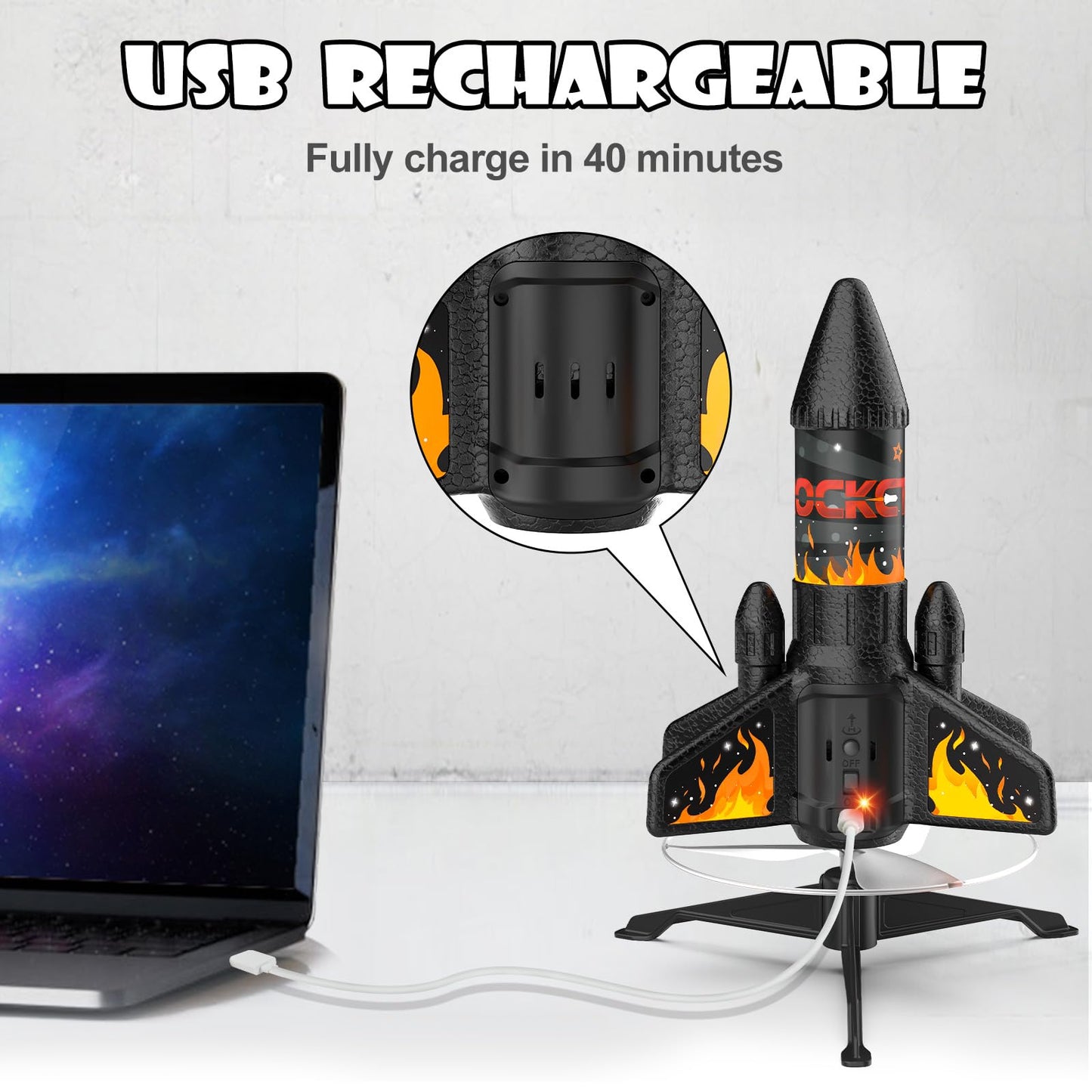 Ovaasy Rocket Launcher for Kids – 200 ft Self-Launching, LED, Parachute, Ages 8-12 (Orange)