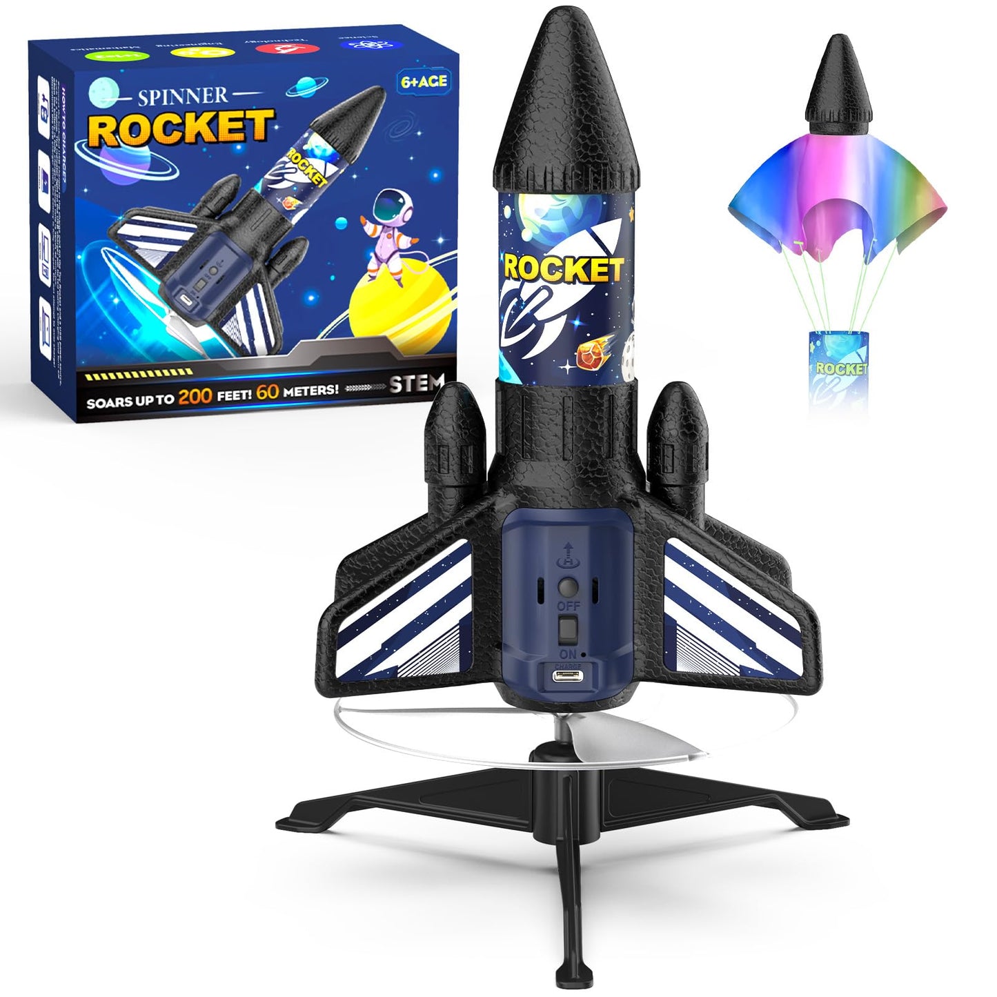 Ovaasy Rocket Launcher for Kids — 200 ft Self-Launching LED Rocket Toy with Safety Parachute