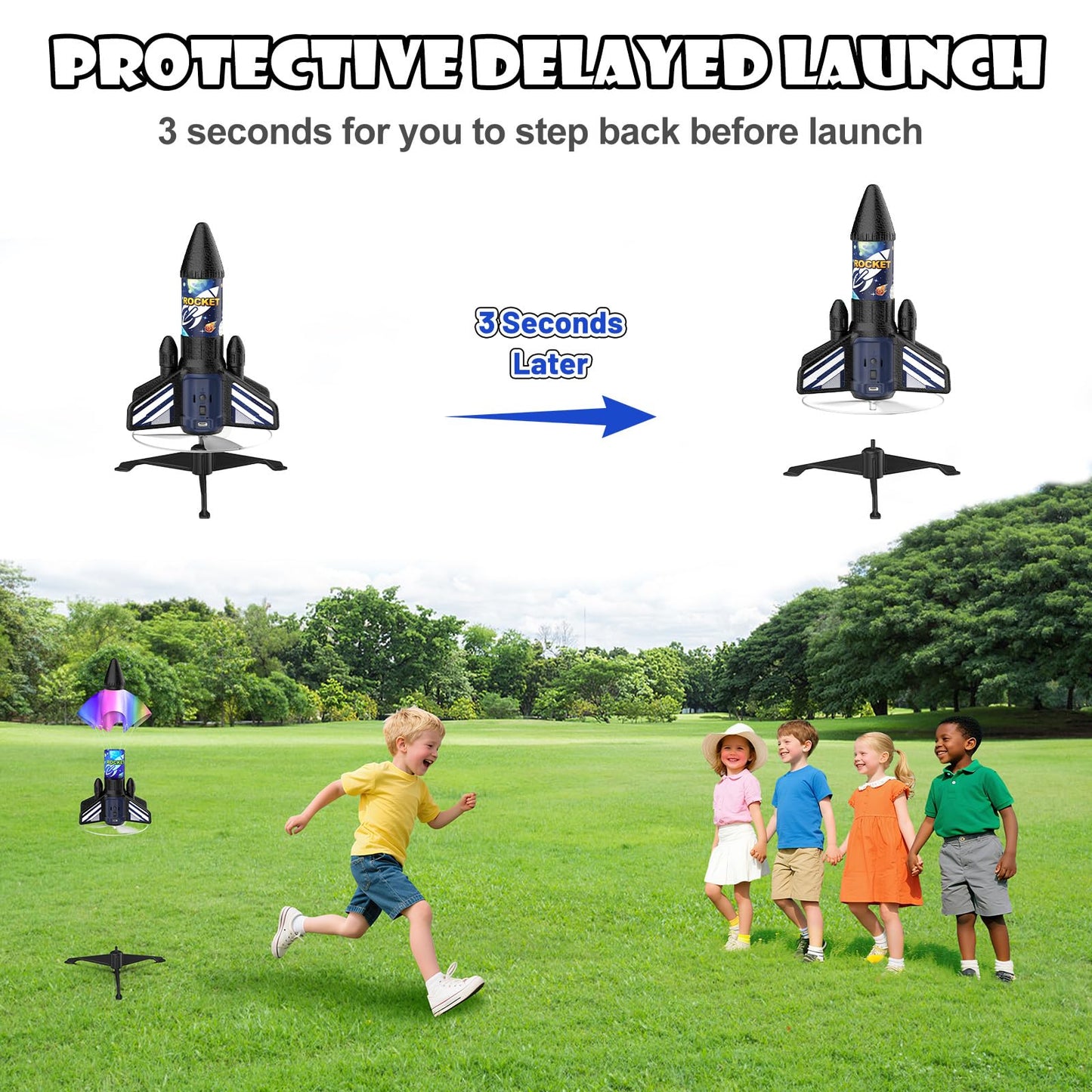 Ovaasy Rocket Launcher for Kids — 200 ft Self-Launching LED Rocket Toy with Safety Parachute