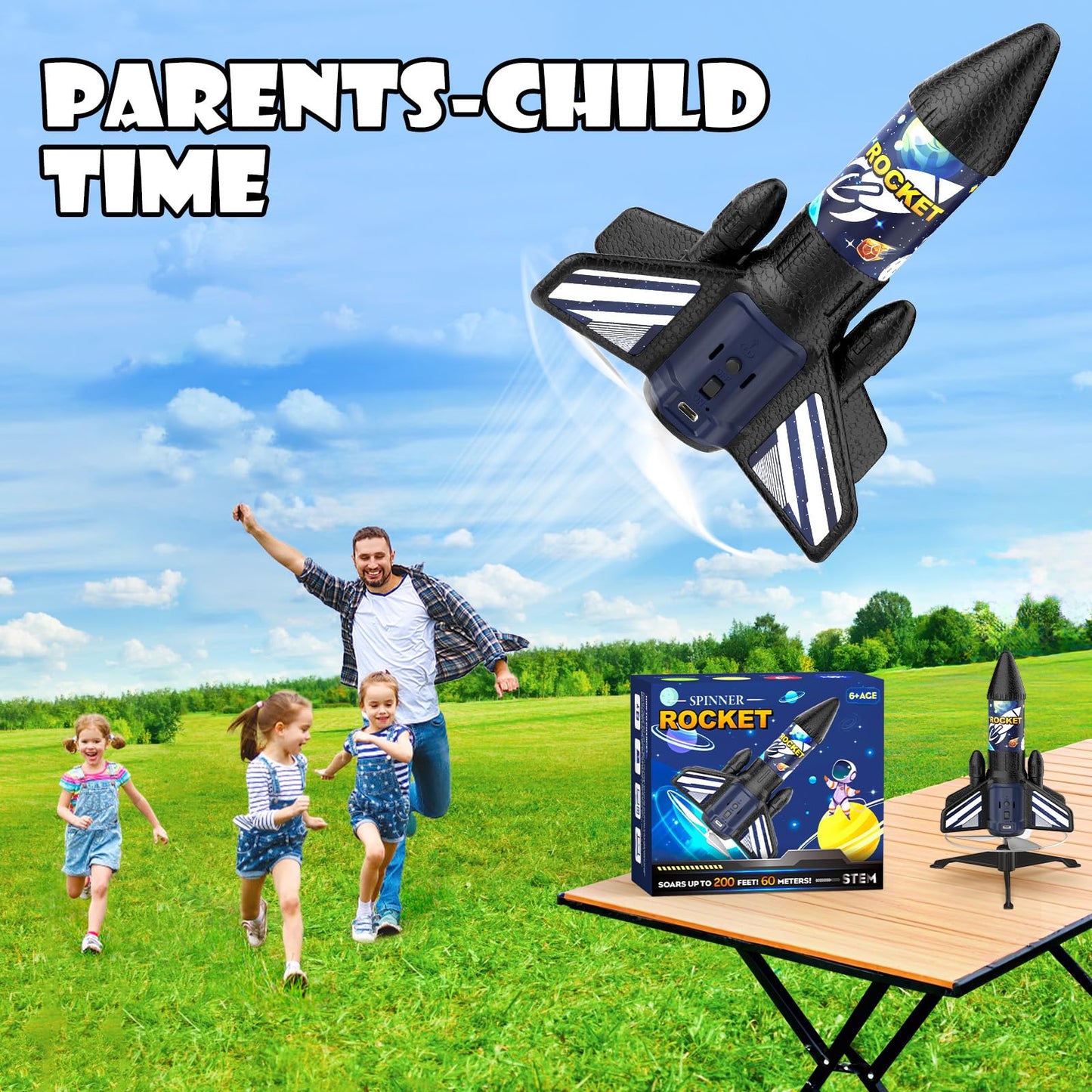 Ovaasy Rocket Launcher for Kids — 200 ft Self-Launching LED Rocket Toy with Safety Parachute