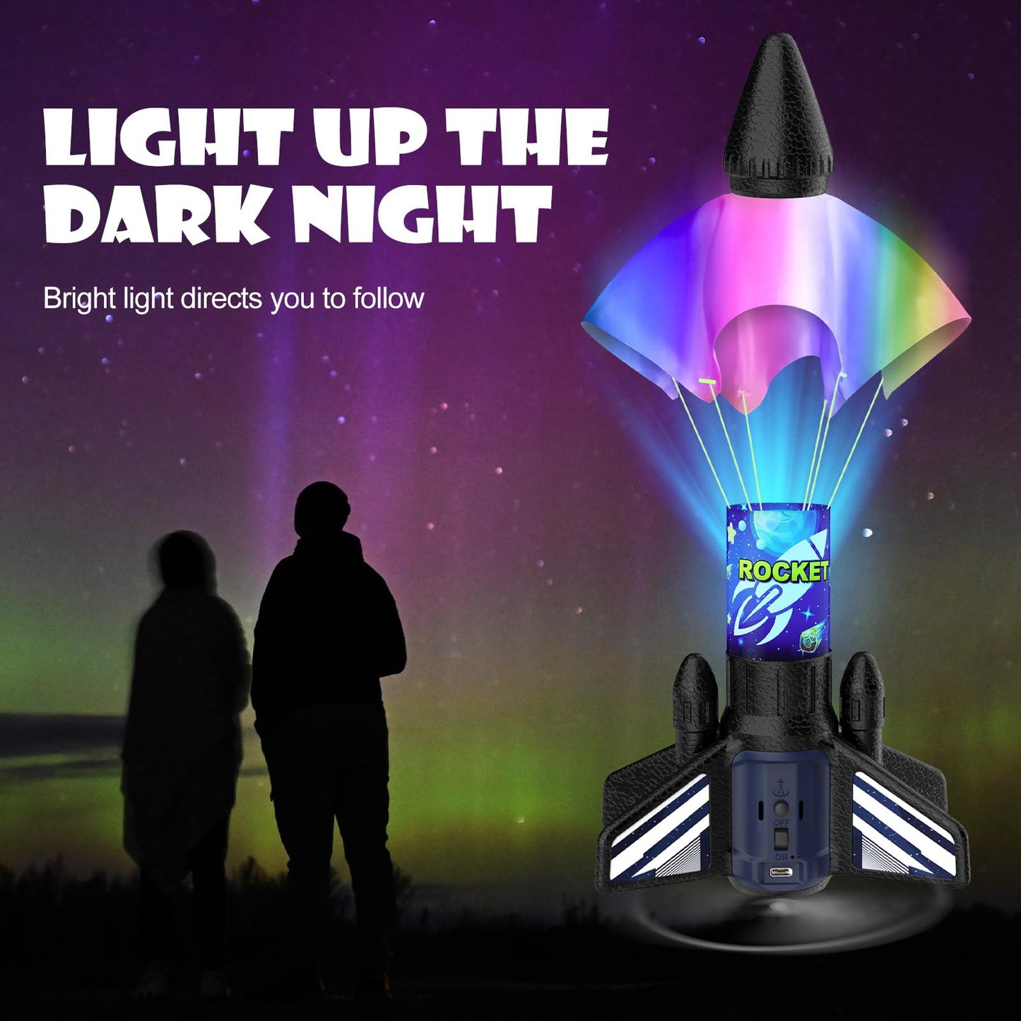 Ovaasy Rocket Launcher for Kids — 200 ft Self-Launching LED Rocket Toy with Safety Parachute