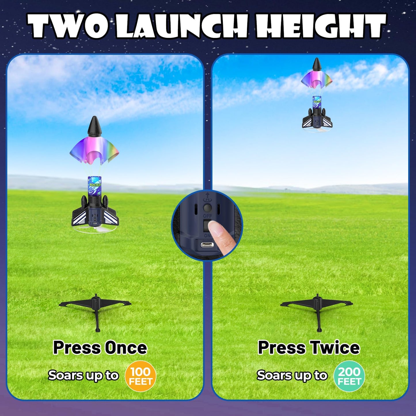 Ovaasy Rocket Launcher for Kids — 200 ft Self-Launching LED Rocket Toy with Safety Parachute