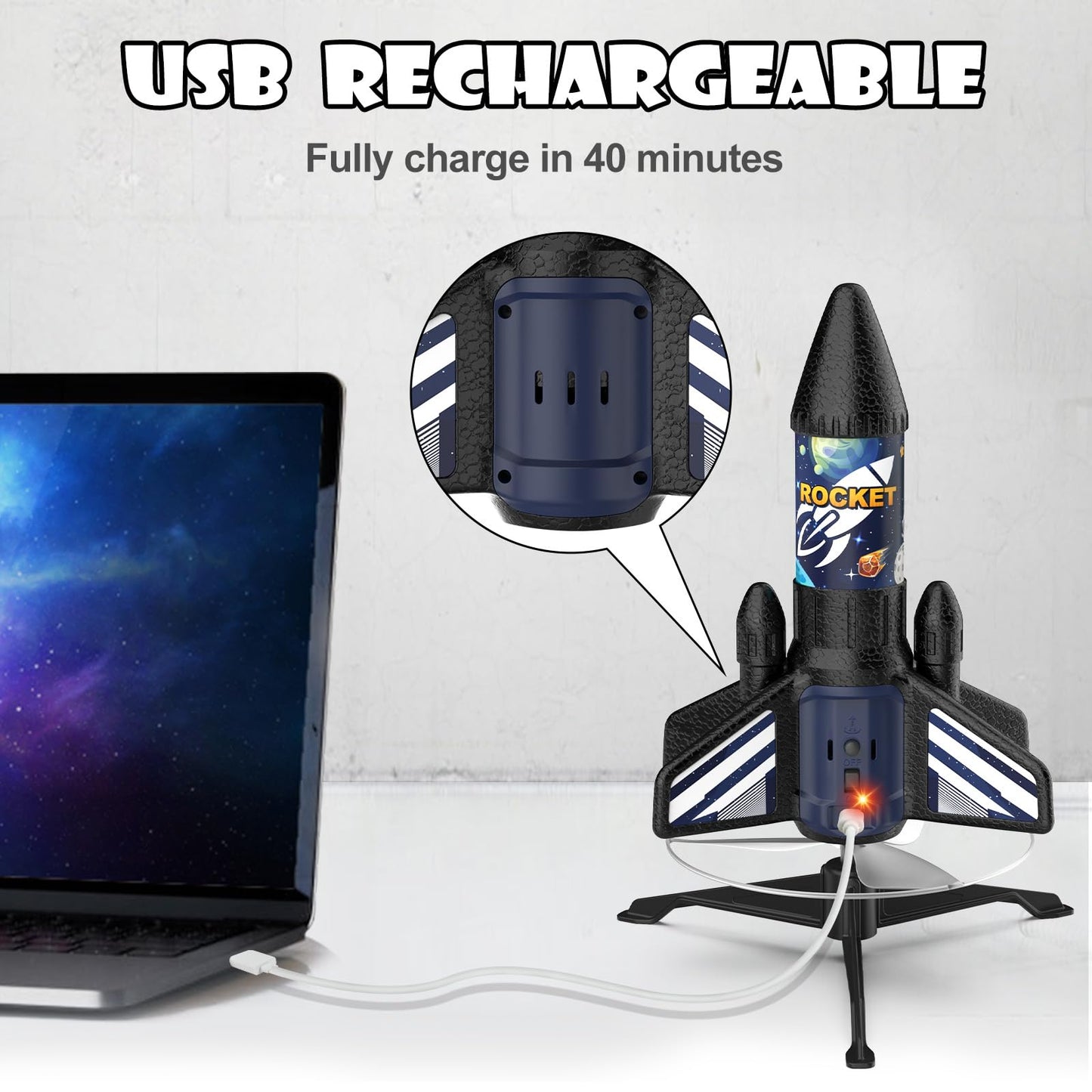 Ovaasy Rocket Launcher for Kids — 200 ft Self-Launching LED Rocket Toy with Safety Parachute
