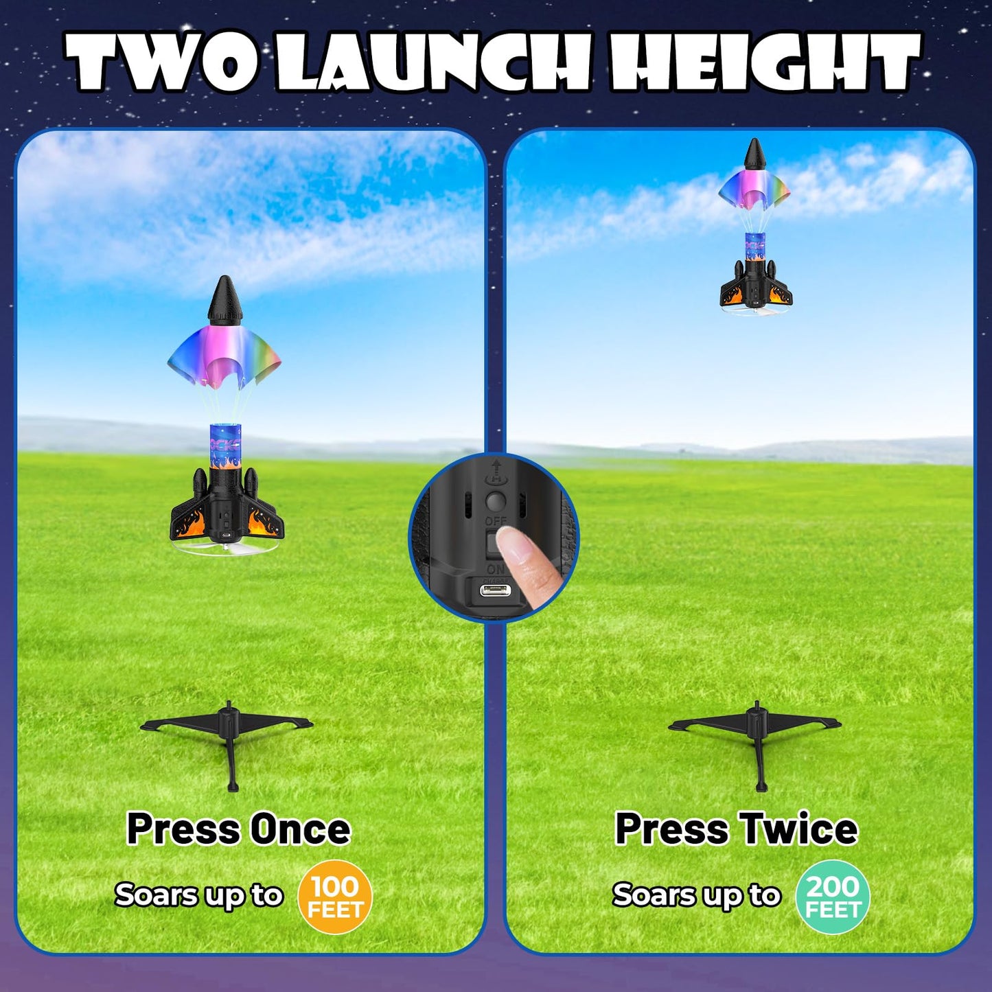 Ovaasy Rocket Launcher for Kids – 200 ft Self-Launching, LED, Parachute, Ages 8-12 (Orange)
