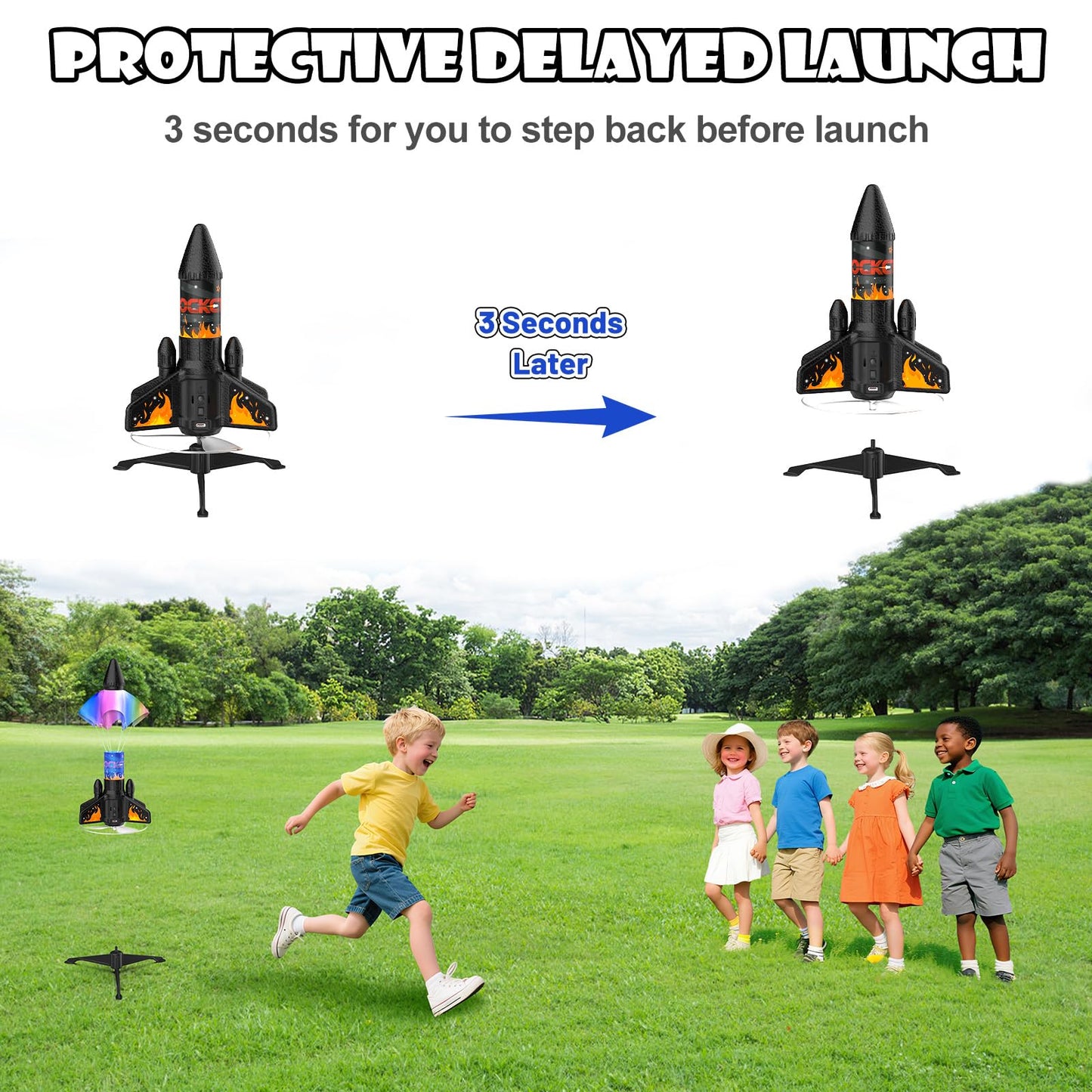Ovaasy Rocket Launcher for Kids – 200 ft Self-Launching, LED, Parachute, Ages 8-12 (Orange)