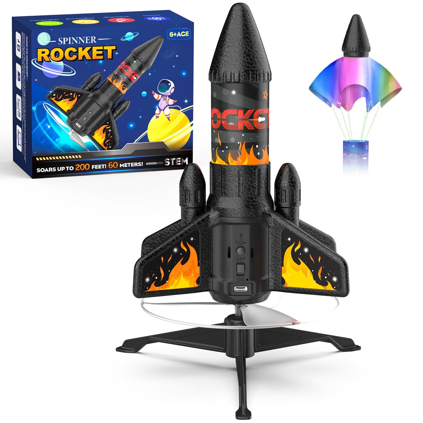 Ovaasy Rocket Launcher for Kids – 200 ft Self-Launching, LED, Parachute, Ages 8-12 (Orange)