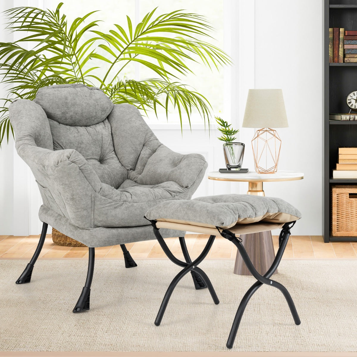 Oversized Sherpa Lounge Accent Chair with Folding Footrest and Side Pocket-Beige