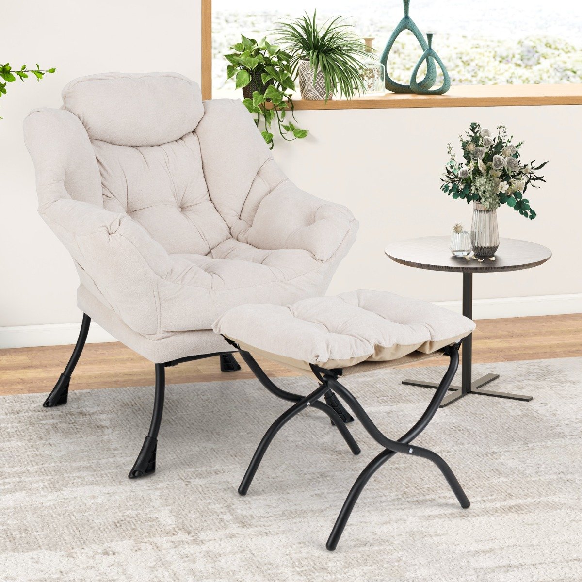Oversized Sherpa Lounge Accent Chair with Folding Footrest and Side Pocket-Beige