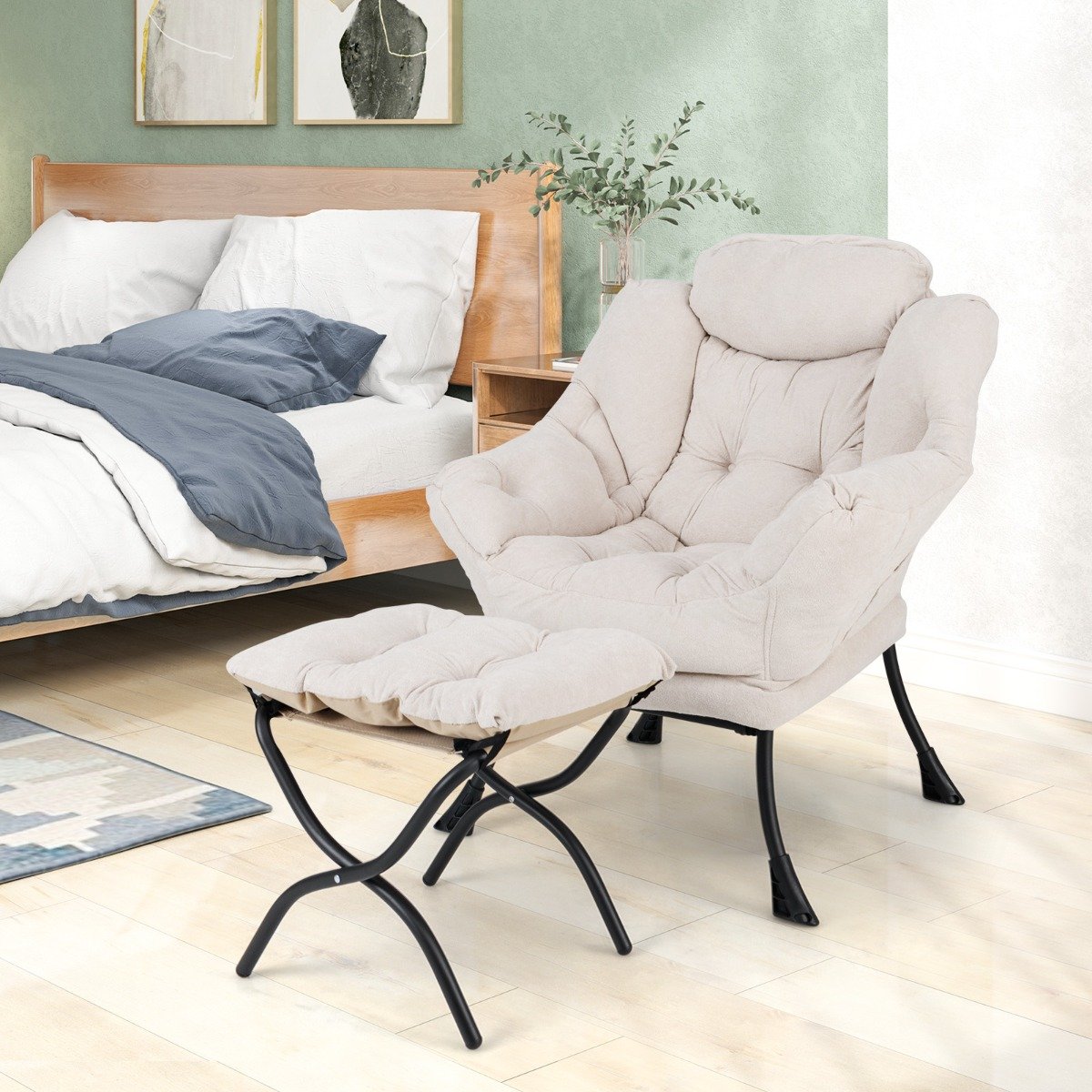 Oversized Sherpa Lounge Accent Chair with Folding Footrest and Side Pocket-Beige