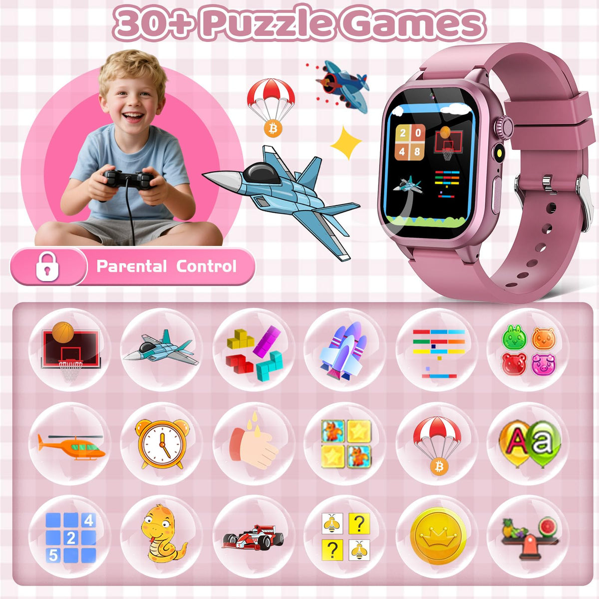 OVV Kids Game Watch – 1.54in HD Touchscreen, 30+ Educational Games, Camera & Parental Controls