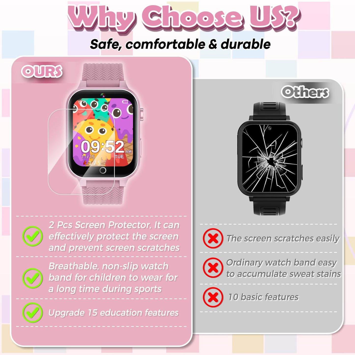 OVV Kids Smart Watch — 1.5 inch Screen, 26 Games, HD Camera, 2 Screen Protectors